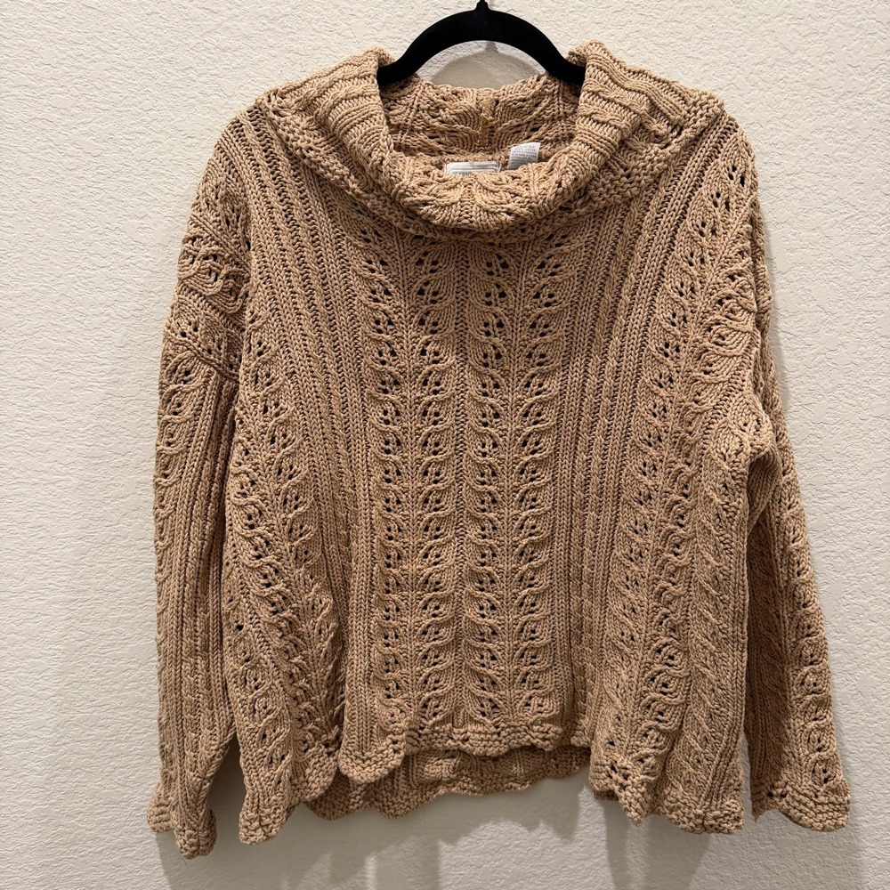 Jeanne Pierre Tan Cotton Cable Knit Cowl Neck Sweater Pointelle Scalloped Hem M